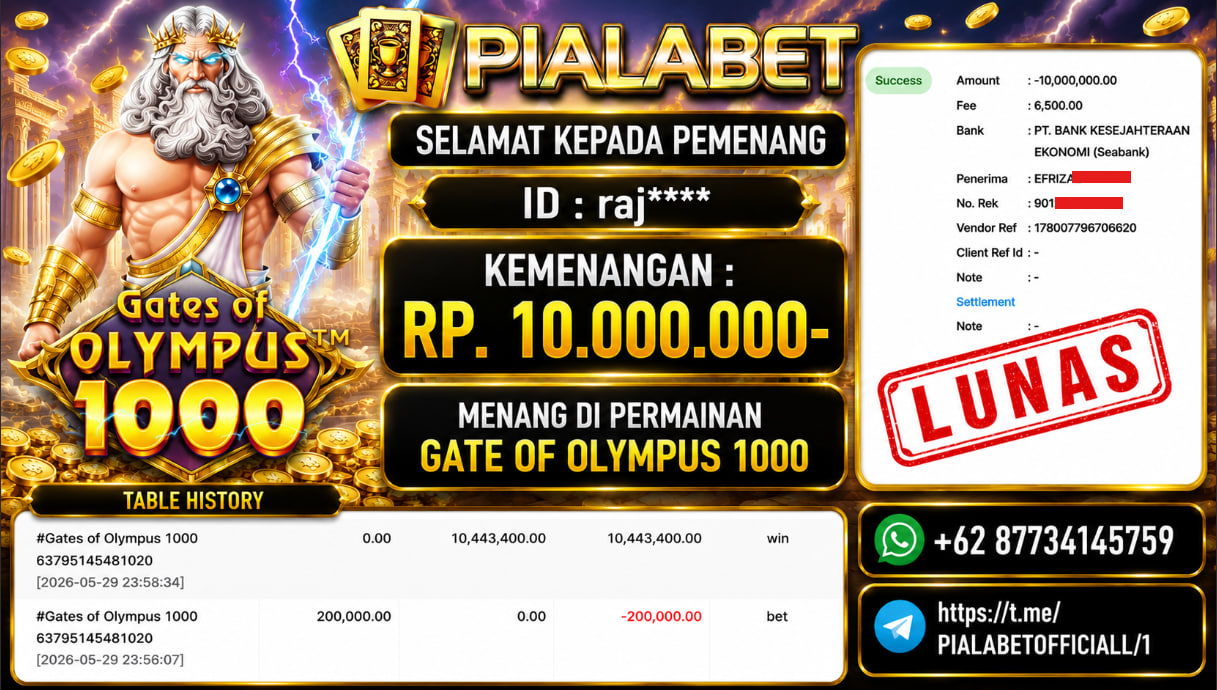 PIALABET JACKPOT SLOT GATE OF OLYMPUS 1000 Rp.10.000.000,- LUNAS