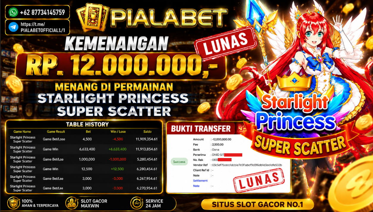 PIALABET JACKPOT SLOT STARLIGHT PRINCESS SUPER SCATTER Rp 12.000.000,- LUNAS