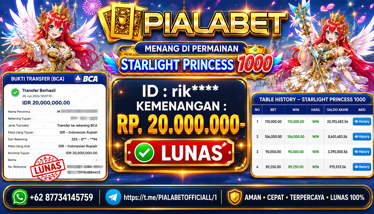 PIALABET JACKPOT SLOT STARLIGHT PRINCESS 1000 Rp 20.000.000,- LUNAS
