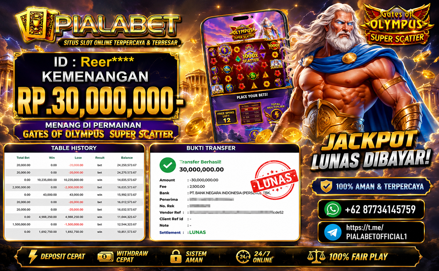 PIALABET JACKPOT SLOT GATES OF OLYMPUS SUPER SCATTER Rp 30.000.000,- LUNAS