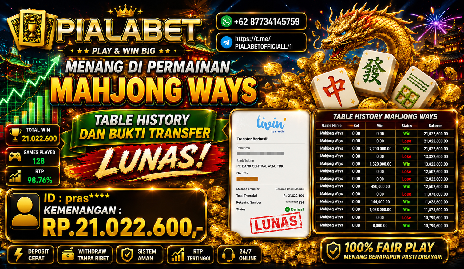 PIALABET JACKPOT SLOT MAHJONG WAYS Rp.21.022.600,- LUNAS