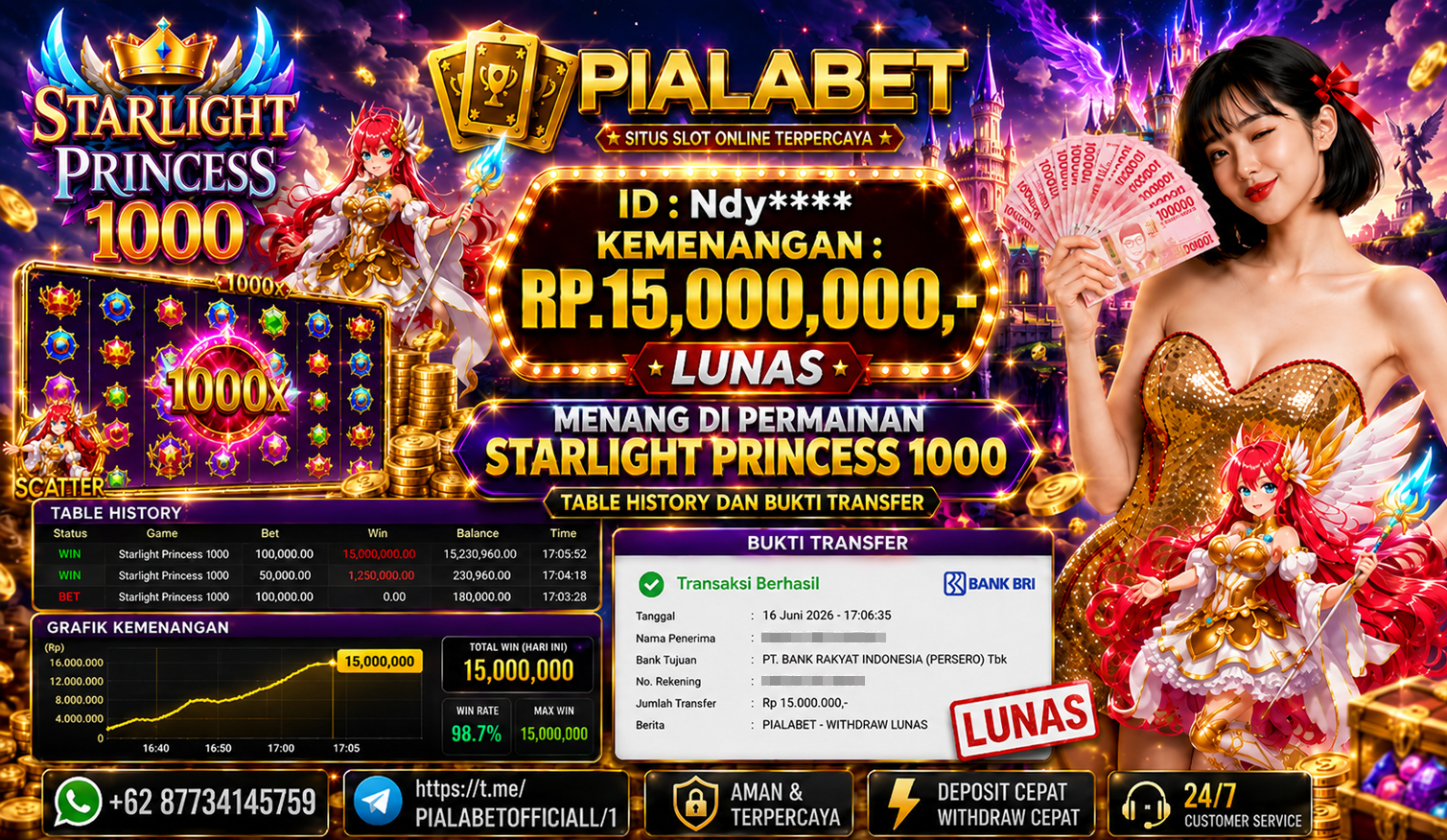 PIALABET JACKPOT SLOT STARLIGHT PRINCESS 1000 Rp.15,000,000,- LUNAS