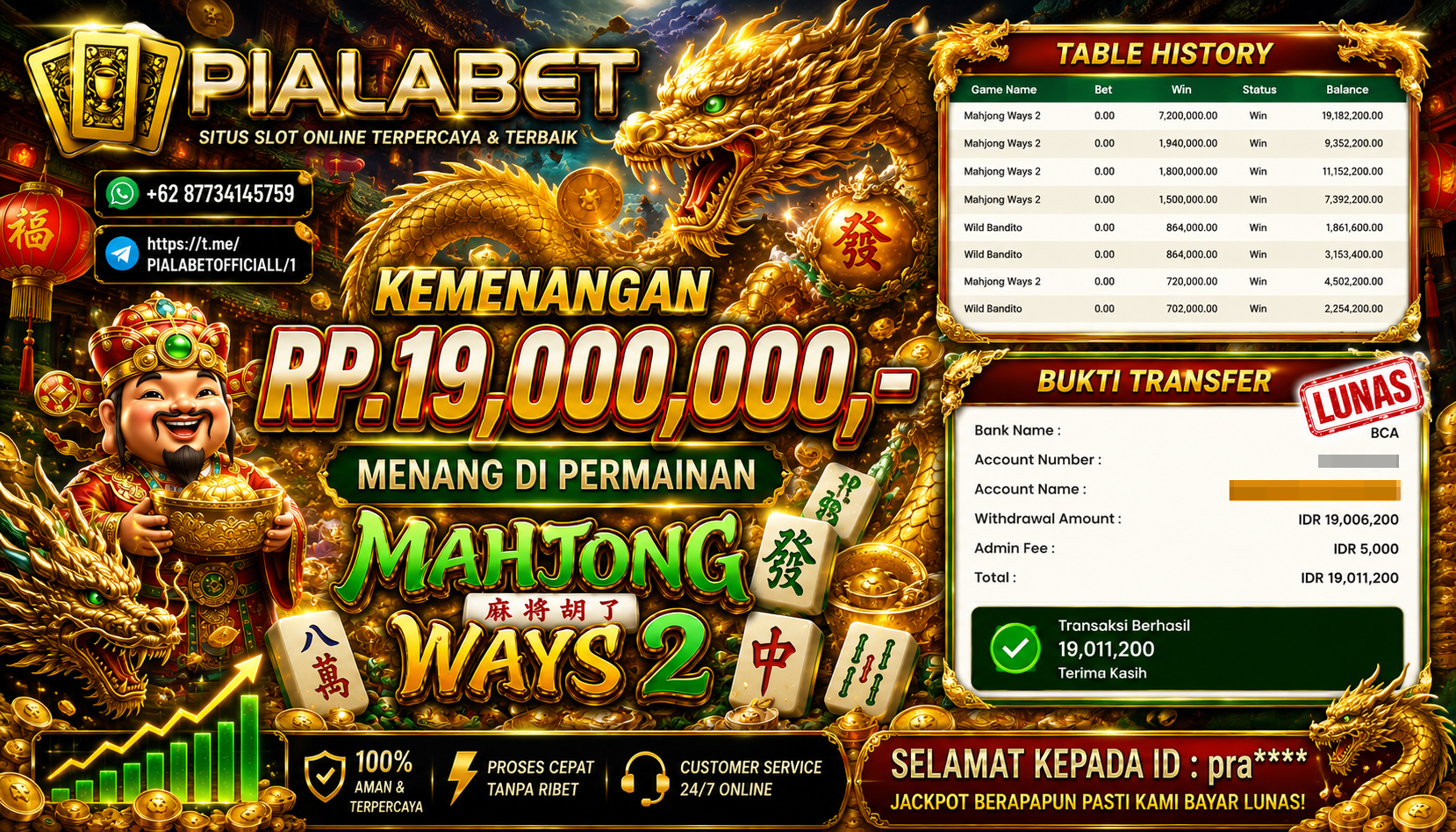 PIALABET JACKPOT SLOT MAHJONG WAYS 2 Rp.19,000,000,- LUNAS