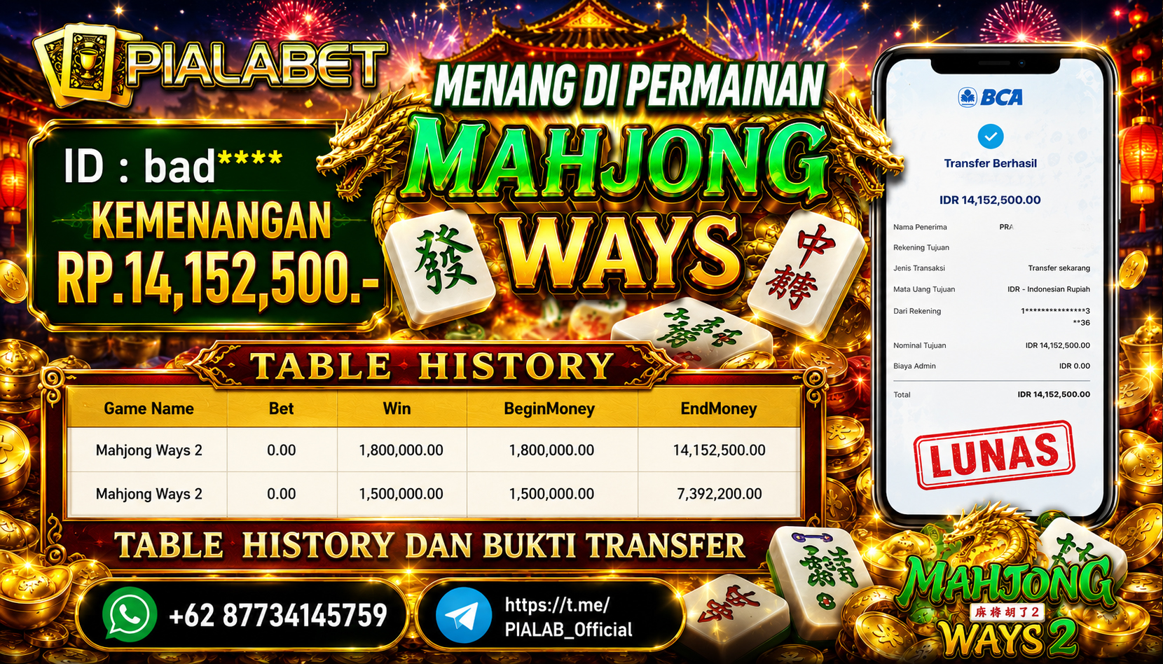 PIALABET JACKPOT SLOT MAHJONG WAYS Rp 14.152.500,- LUNAS