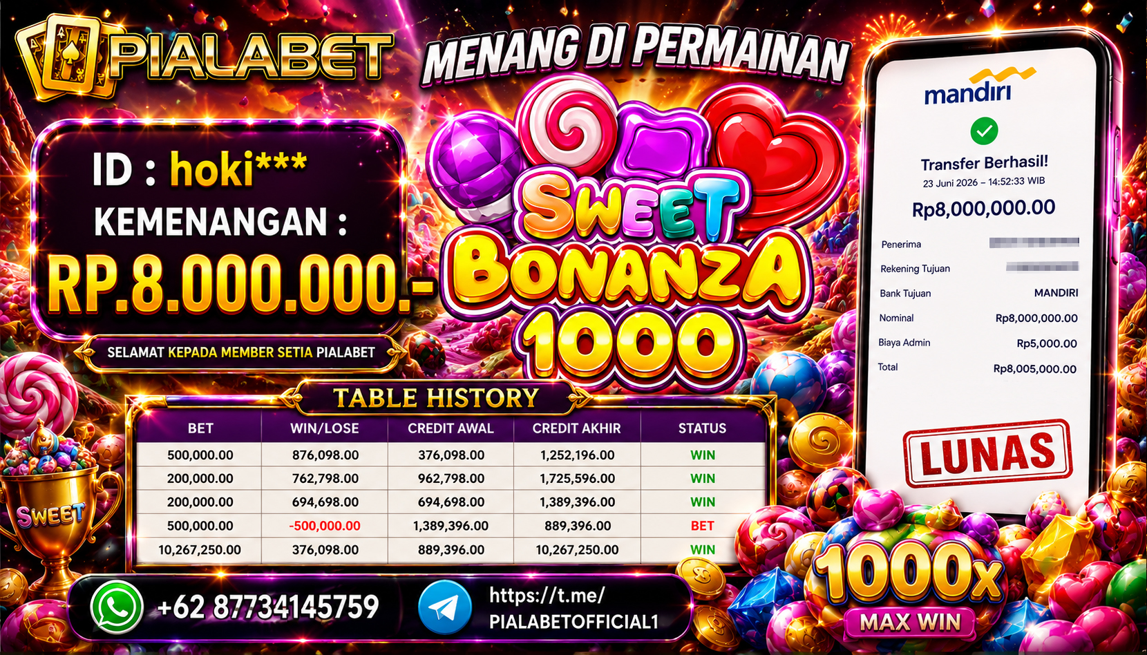PIALABET JACKPOT SLOT SWEET BONANZA 1000 Rp 8.000.000,- LUNAS