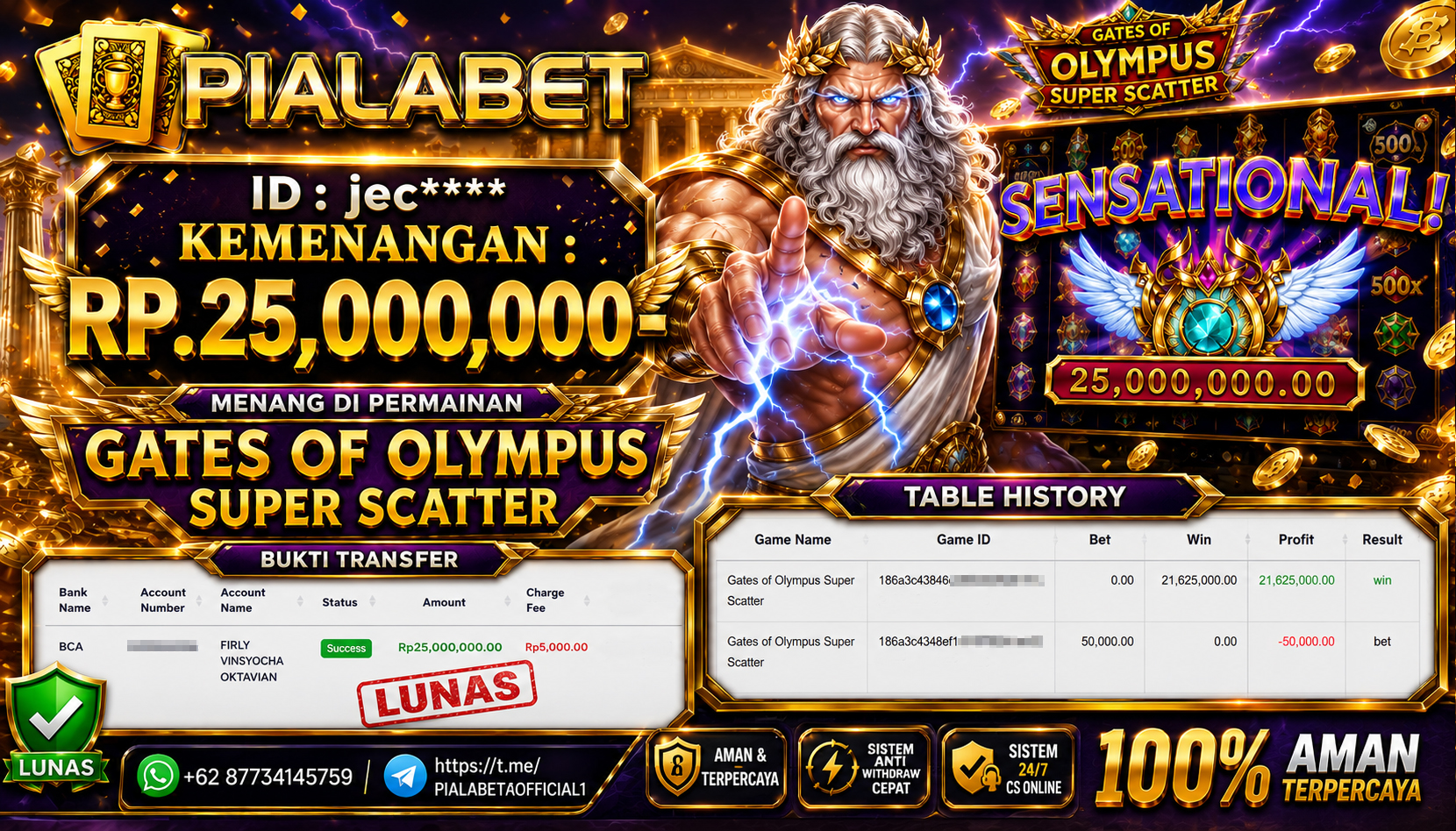PIALABET JACKPOT SLOT GATES OF OLYMPUS SUPER SCATTER Rp 25.000.000,- LUNAS