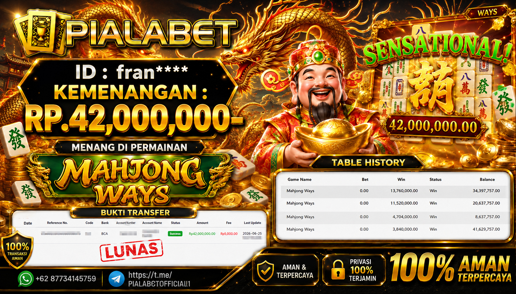 PIALABET JACKPOT SLOT MAHJONG WAYS Rp 42.000.000,- LUNAS