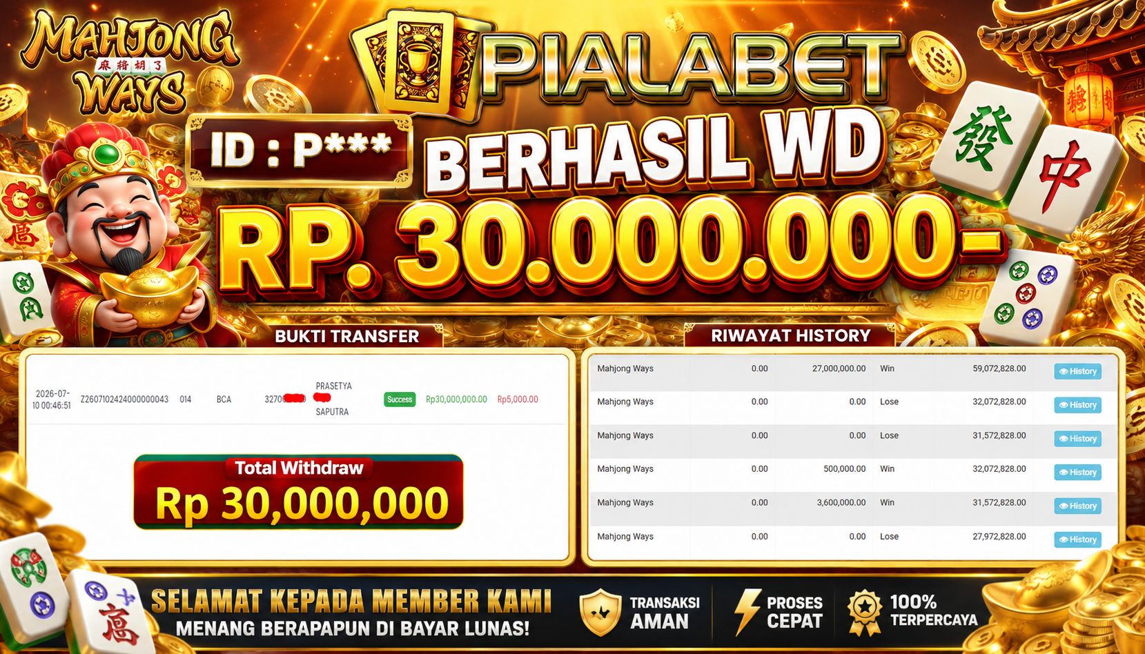 PIALABET JACKPOT Mahjong ways 1 Rp.30,000,000,- LUNAS