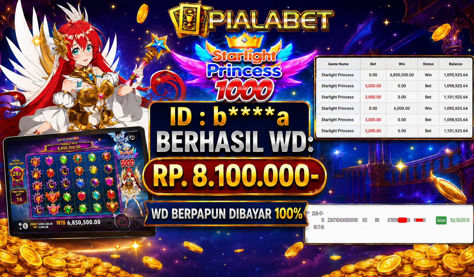 PIALABET JACKPOT SLOT Starlight Princess 1000 Rp.8,100,000,- LUNAS