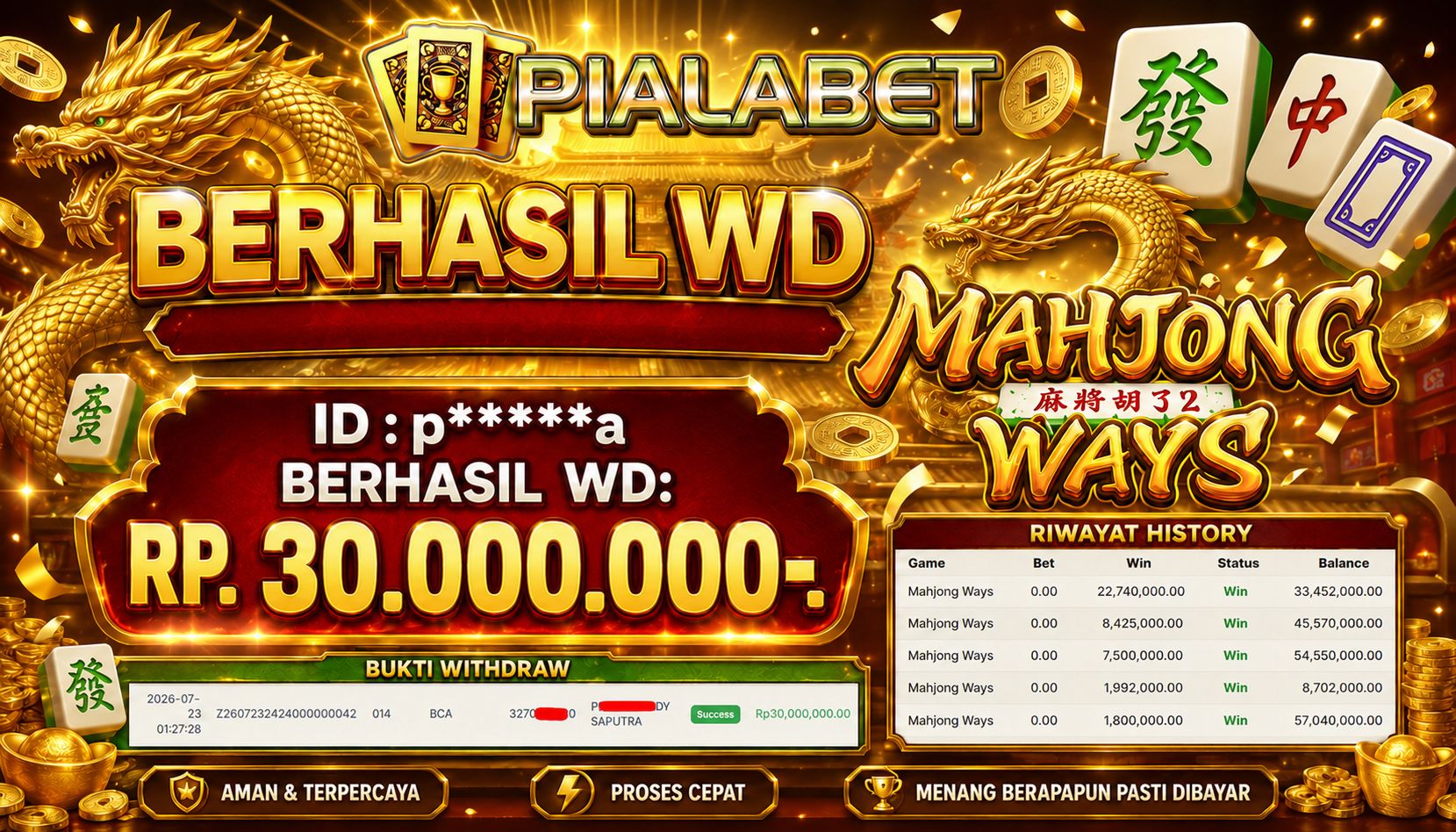 PIALABET  JACKPOT  'mahjong ways Table Rp.30.000.000, BERHASIL WITHDRAW DIBAYAR LUNAS
