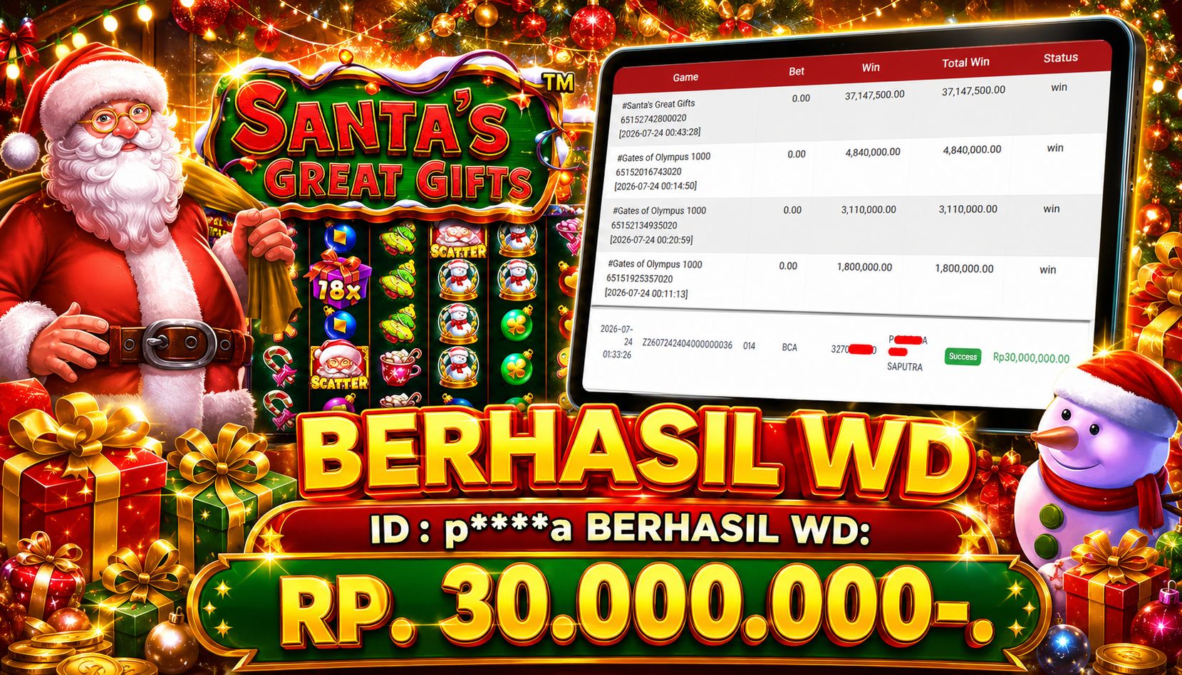 PIALABET JACKPOT SLOT Santa's Great Gifts Rp.30,000,000,- LUNAS