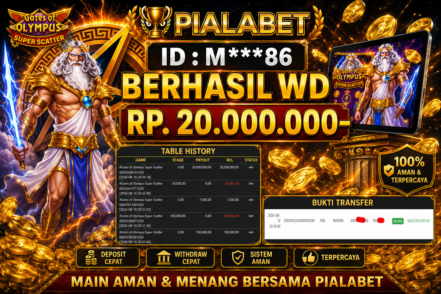 PIALABET JACKPOT  Gates of Olympus Super Scatter Rp.20,000,000,- BERHASIL WITHDRAW DIBAYAR LUNAS