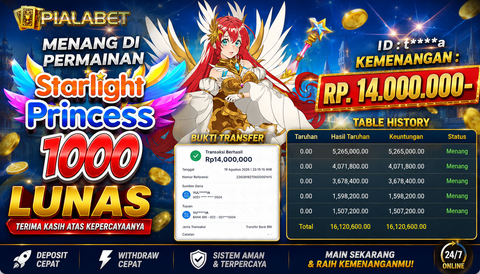 PIALABET JACKPOT SLOT Starlight Princess 1000 Rp.14,000,000,- LUNAS