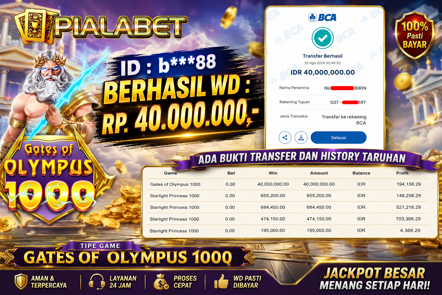 PIALABET JACKPOT ''Gates of Olympus 1000 Rp.40.000.000, BERHASIL WITHDRAW DIBAYAR LUNAS